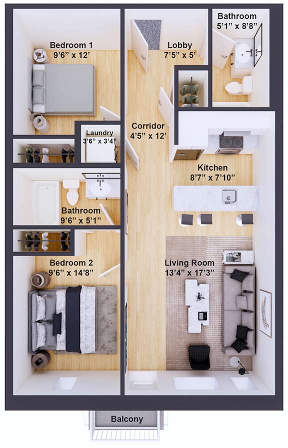 A floor plan of a small apartment with two bedrooms, a living room, a kitchen, a bathroom, a balcony, a laundry area, and a lobby.