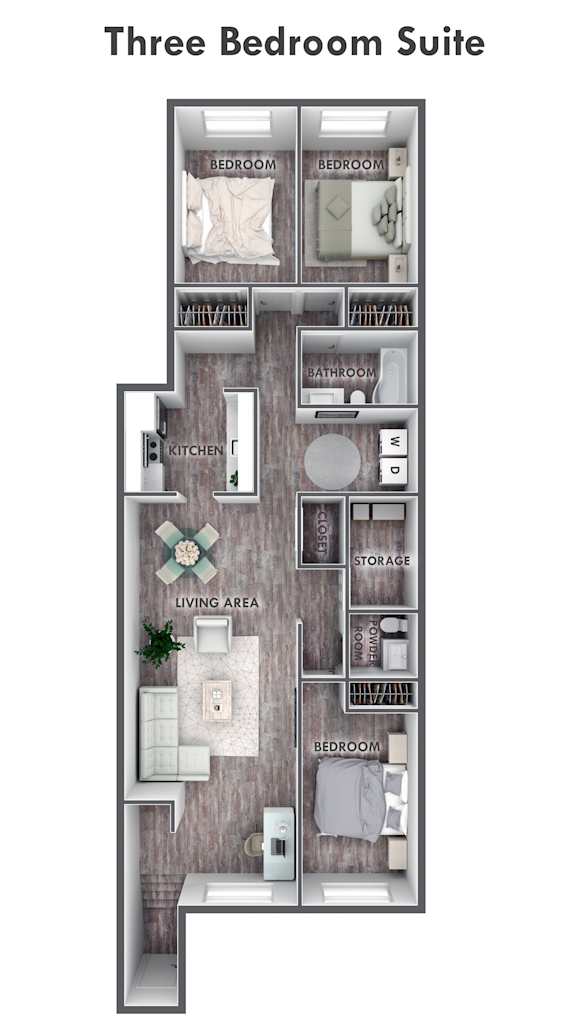 a floor plan of a bedroom suite with a bathroom and a living room