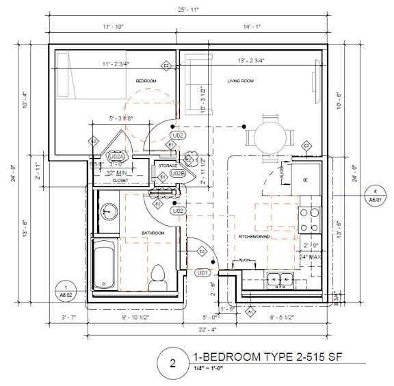 A detailed floor plan for a 1-bedroom type 2-515 SF apartment.