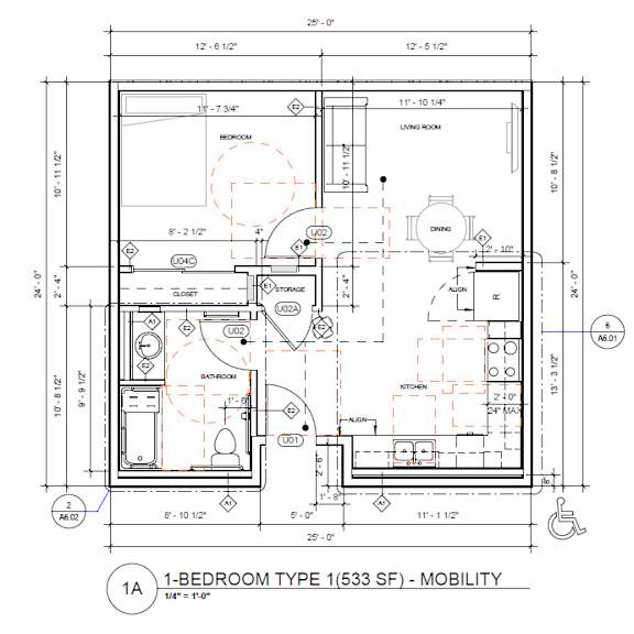 A floor plan for a 1-bedroom type 1 (533 SF) mobility apartment.