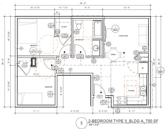 A floor plan for a 2-bedroom type 3 building with a 700 square foot area.