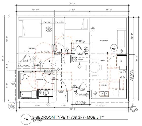 A floor plan for a 2-bedroom type 1 (708 SF) mobility apartment.