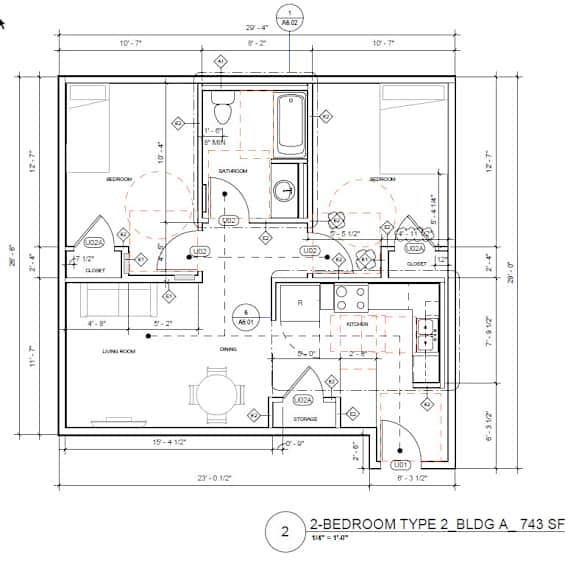 A detailed architectural floor plan for a 2-bedroom type 2 building.
