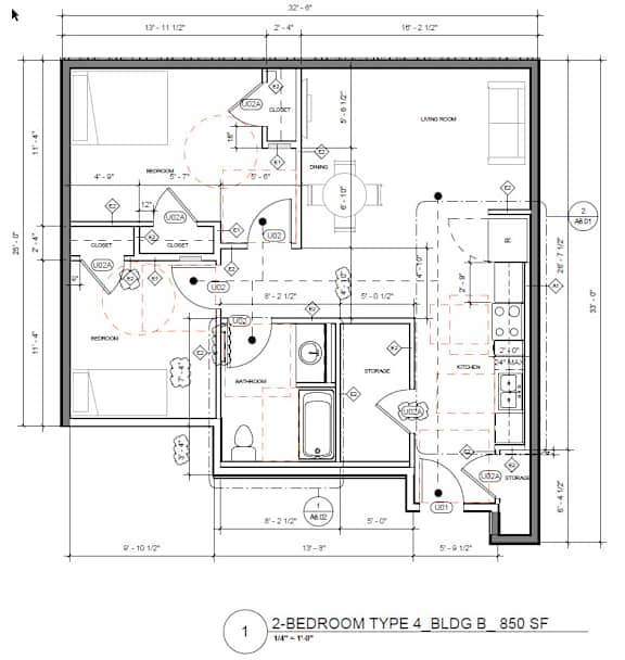 A detailed floor plan of a 2-bedroom type 4 BLDG B, 850 SF.