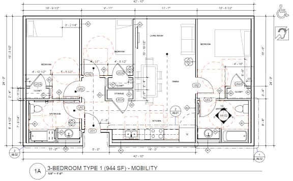 A floor plan of a 3-bedroom type 1 (944 SF) mobility home.