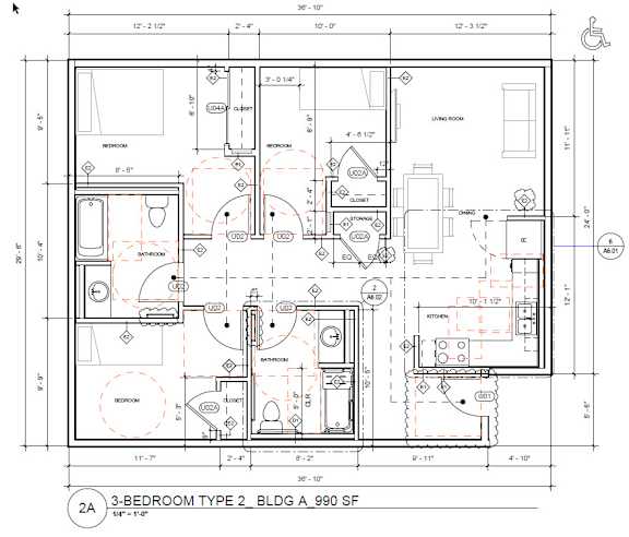 A detailed architectural floor plan for a 3-bedroom type 2 building.