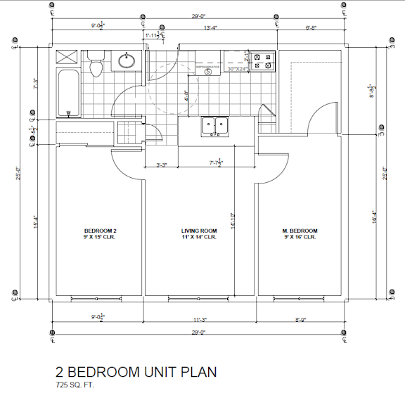 A black and white 2 bedroom unit plan with dimensions.