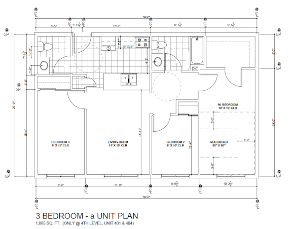 A floor plan of a 3 bedroom apartment with a living room and a kitchen.