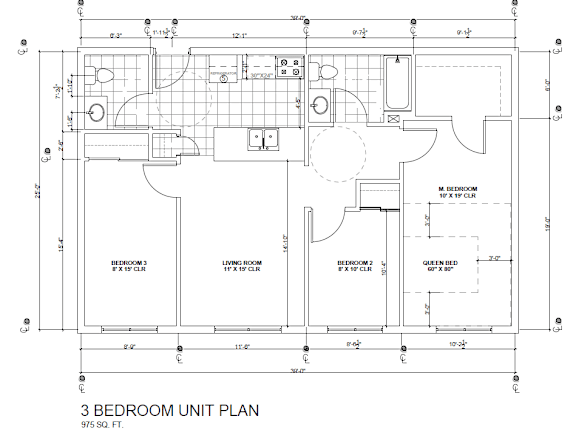 A black and white floor plan of a 3 bedroom unit.