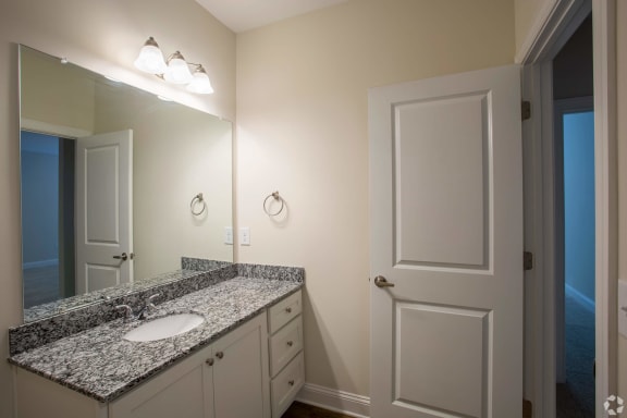 a bathroom with a sink and a mirror at The Retreat at Sixty-Eight Apartments, North Carolina, 27409