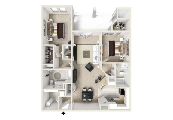 3d floor plan of a 2 bedroom apartment at The Retreat at Sumter in Sumter South Carolina  at The Retreat at Sumter, Sumter, South Carolina