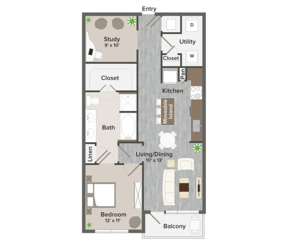 A4 Cooley 842 Sq. ft Floor Plan at Revl Heights Apartments, The Barvin Group, Texas, 77009