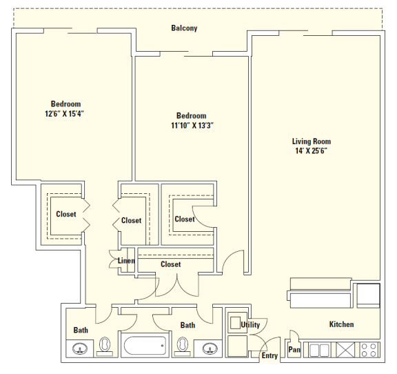B2 1,275 Sq.Ft. Floor Plan at Memorial Towers Apartments, The Barvin Group, Houston, TX