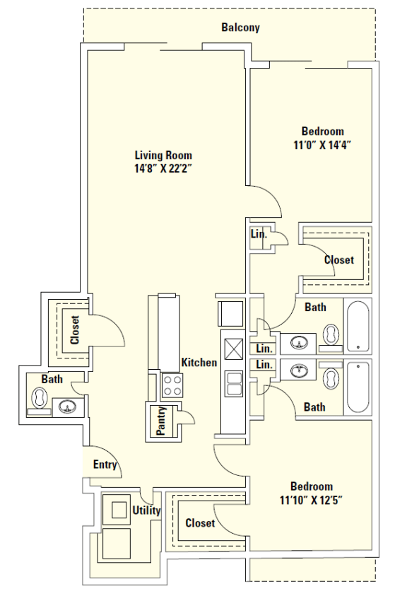 B3 1,386 Sq.Ft. Floor Plan at Memorial Towers Apartments, The Barvin Group, Houston, TX