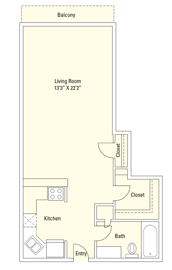 E1 535 Sq.Ft. Floor Plan at Memorial Towers Apartments, The Barvin Group, Houston, TX
