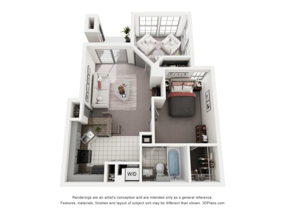 A2 1 Bad 1 Bath Floor Plan at The Grove at White Oak Apartments, The Barvin Group, Houston, TX