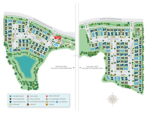 A map of a neighborhood with a compass rose in the upper left corner and a red marker indicating "you are here."