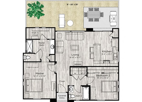 2 bed 2 bath floor plan at Avilla Heritage, Grand Prairie, TX 75052