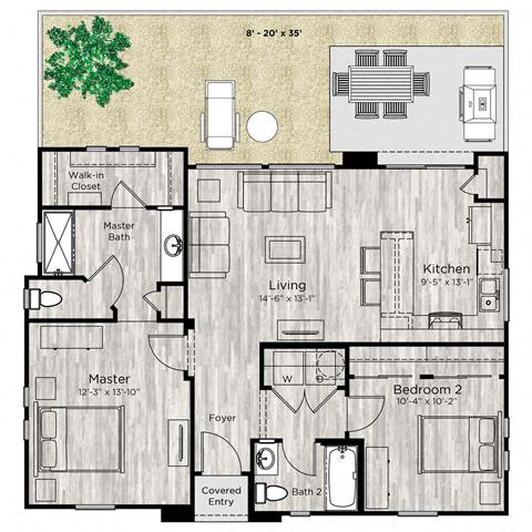 A floor plan of a house with a living room, kitchen, two bedrooms, a master bath, and a foyer.