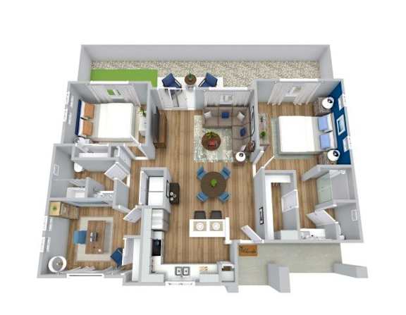 A 3D floor plan of a house with a kitchen, living room, and bathroom.