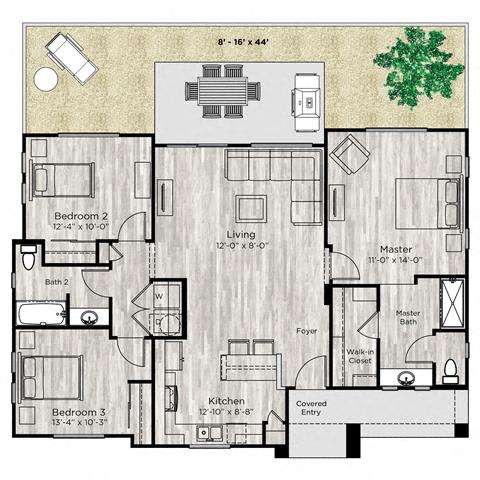 A floor plan of a house with three bedrooms, a living room, a kitchen, a master bath, and a foyer.