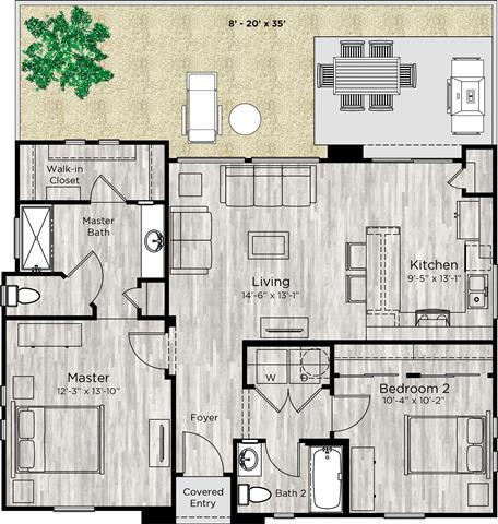 2 bed 2 bath floor plan at Avilla Lakeridge, Arlington, TX 76002