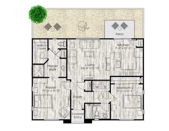 2 bed 2 bath floor plan at Avilla Berry Creek Highlands, Georgetown, TX 78633