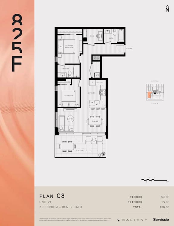 A floor plan for a property with a living room, dining room, kitchen, and two bathrooms.