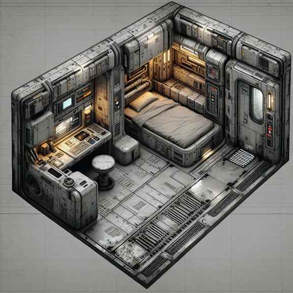 A detailed 3D rendering of a futuristic, metallic room with a bed, desk, and chair.