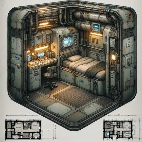 A detailed drawing of a futuristic room with a bed, desk, and various other elements.