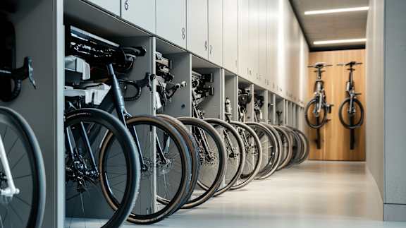 A row of bicycles are parked in a bike rack.