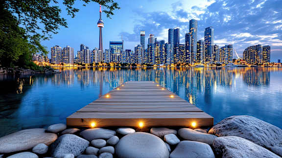 A wooden dock leads to a city skyline at dusk.