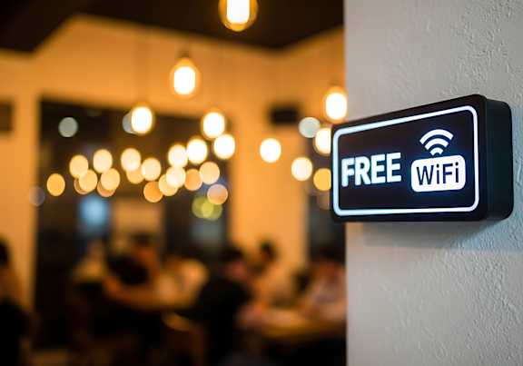 A sign that says "FREE WIFI" is mounted on a wall.