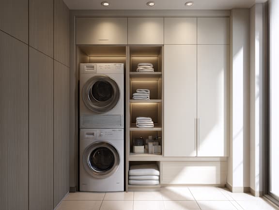 A modern laundry room with a washer and dryer stacked on top of each other.