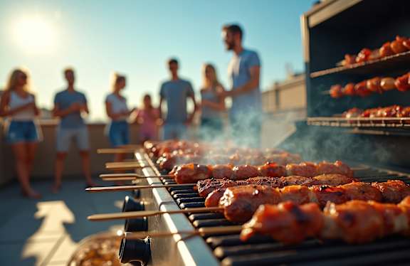 A group of people are gathered around a barbecue grill with chicken skewers cooking on it.
