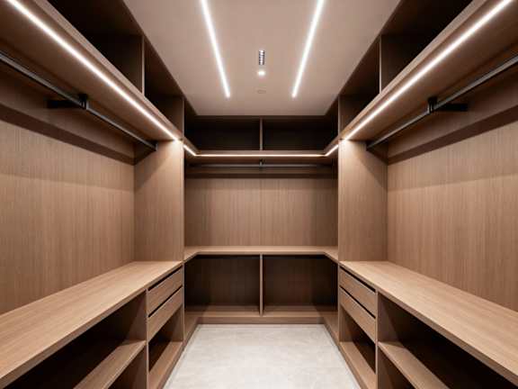 A spacious, well-lit locker room with wooden interiors and shelves.