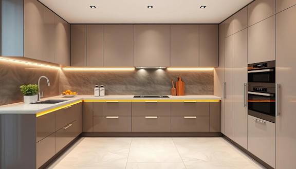 A modern kitchen with a grey and white color scheme.