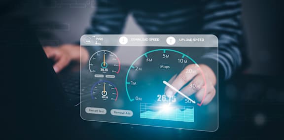 A person is interacting with a digital interface displaying internet speed metrics.