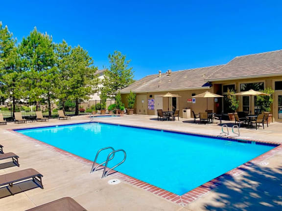 A large swimming pool surrounded by lounge chairs and umbrellas.