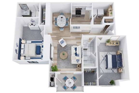 A top-down view of a house layout with multiple rooms and furniture.