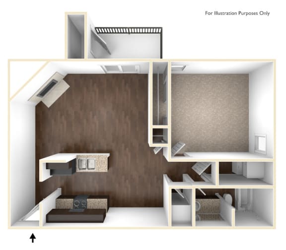 1 bedroom 1 bathroom floor plan B at 300 Riverside Apartments, Georgia
