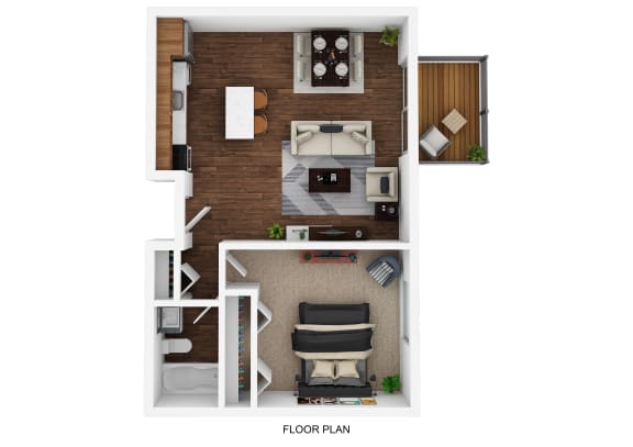 Floor Plan  One bedroom apartment 3D floor plan with balcony at Fox Run Apartments, St. Charles, 60174