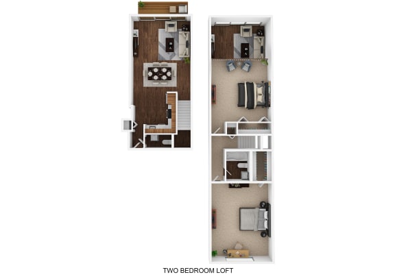 Two bedroom loft 3D floor plan at Fox Run Apartments, St. Charles, Illinois
