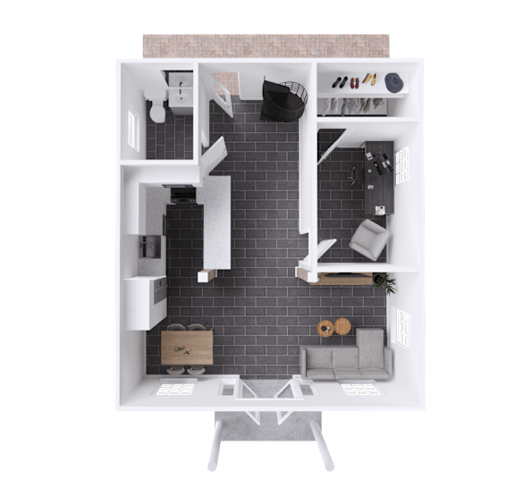 A top-down view of a small apartment with a kitchen, living room, and bathroom.