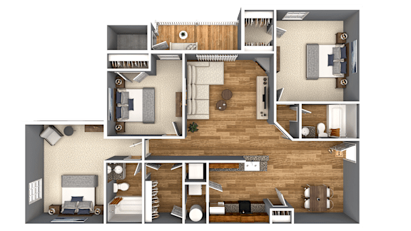 A 3D floor plan of a house showing a kitchen, living room, and bedrooms.