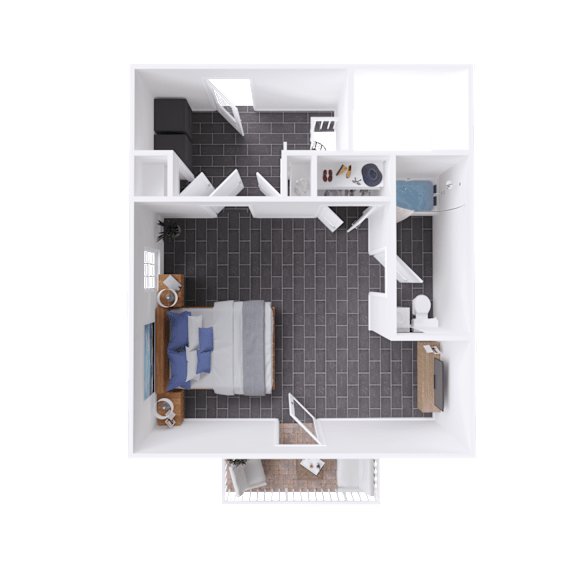A top-down view of a small apartment with a bedroom, living room, and kitchen.