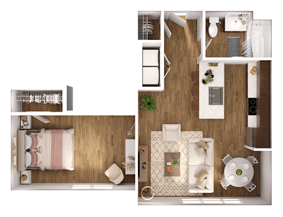 A top-down view of a bedroom and kitchen area.