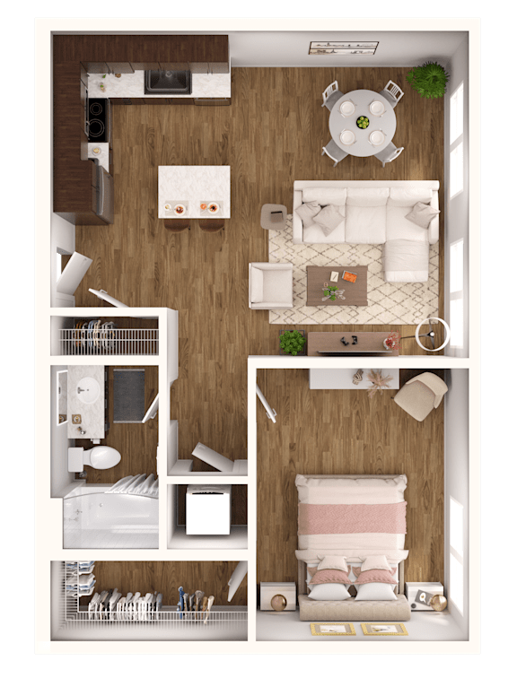 A top-down view of a small apartment with a kitchen, living room, and bedroom.