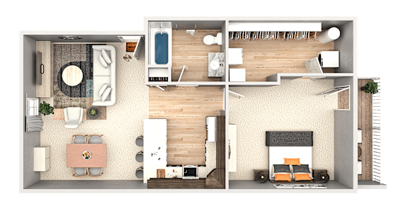 A 3D floor plan of a house showing a kitchen, living room, and bedrooms.