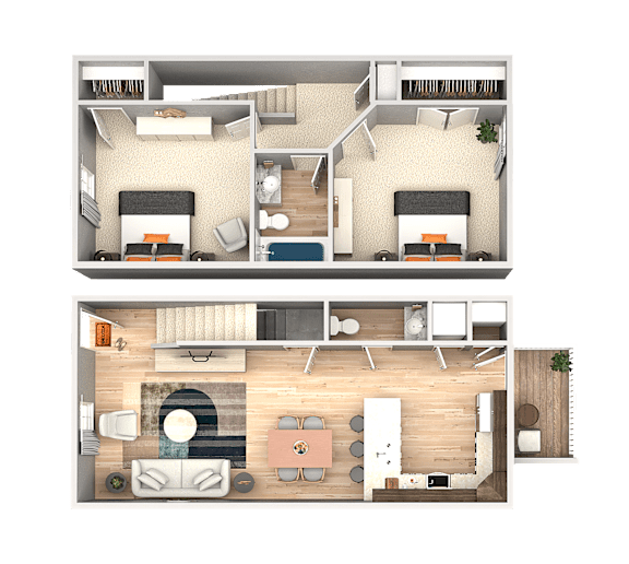 A top-down view of a two-story apartment with a living room, kitchen, and bedrooms.